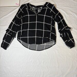 Polly & Esther Womens Black White Windowpane Plaid Ruffle Sleeve Blouse Medium